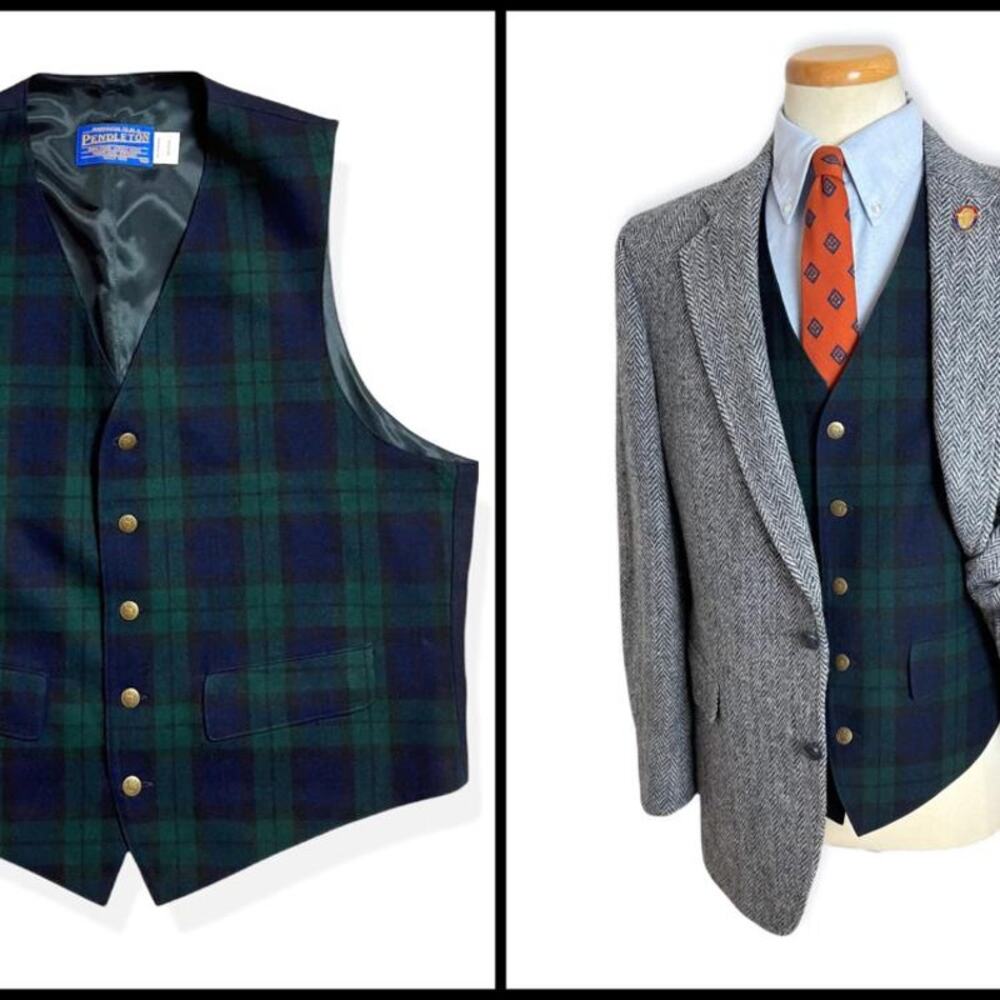 Vintage Pendleton 100% Pure Wool Waistcoat Tartan Plaid Blue Green Gold Butto 46